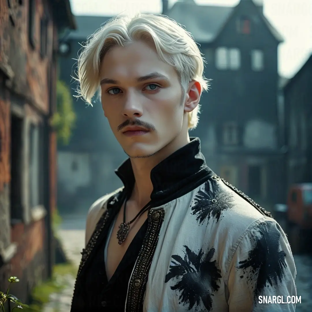 A man with a full mustache, standing proudly in front of an impressive building. His confident stance, paired with the vibrant red tones of his attire, makes for a striking portrait.