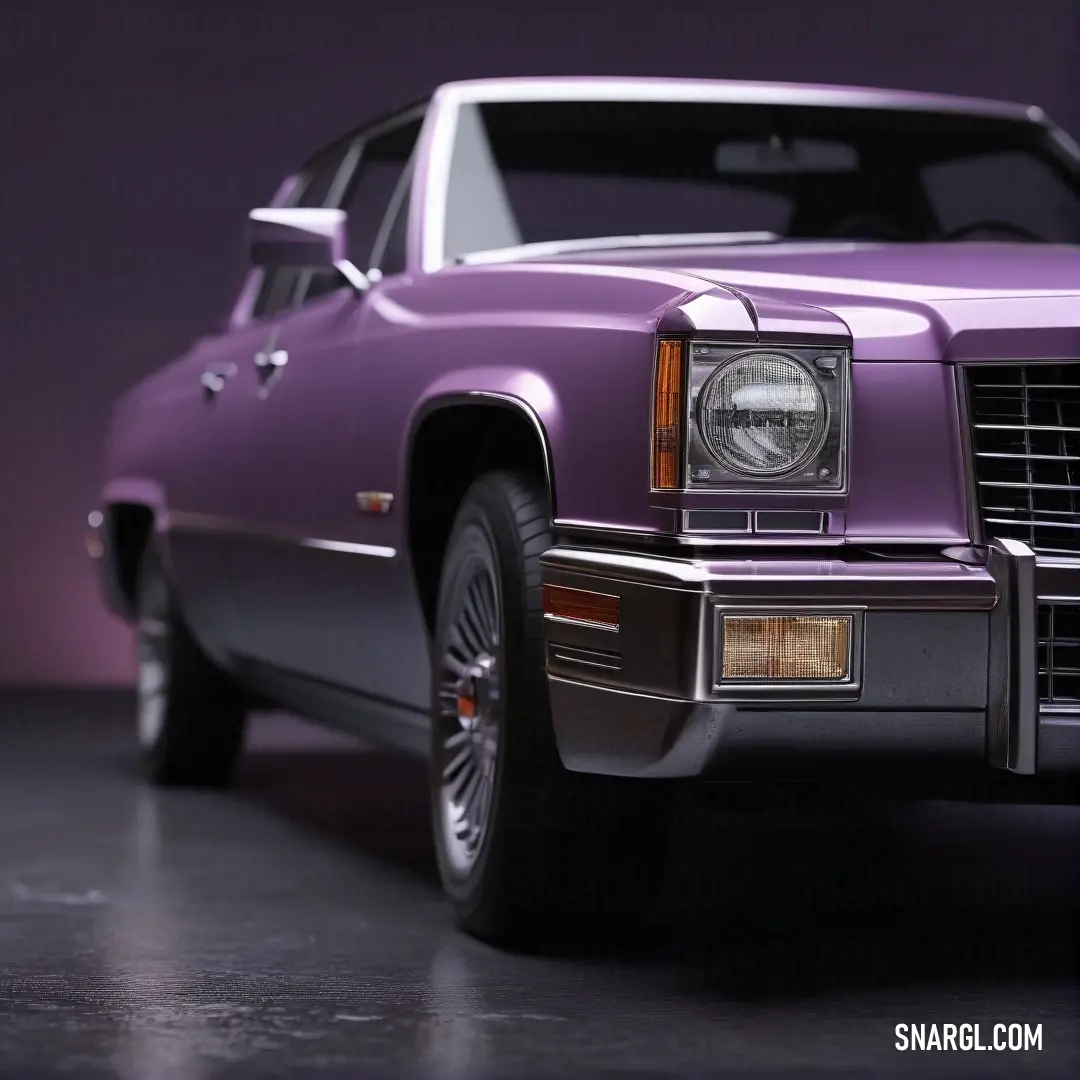 Purple car is parked in a dark room with a purple background. Example of RAL 300 40 35 color.