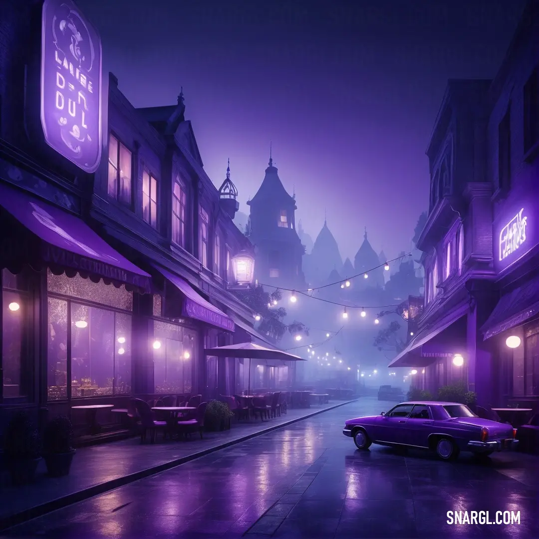 Car parked on a wet street in the rain at night time with a purple hued sky and buildings. Color RAL 300 40 35.