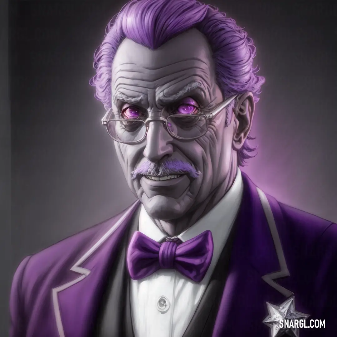 A quirky drawing features a man with striking purple hair and glasses, donned in a stylish purple suit with a star emblem on the chest. His unique look captures attention and invites curiosity, showcasing a bold fashion statement with a creative twist.