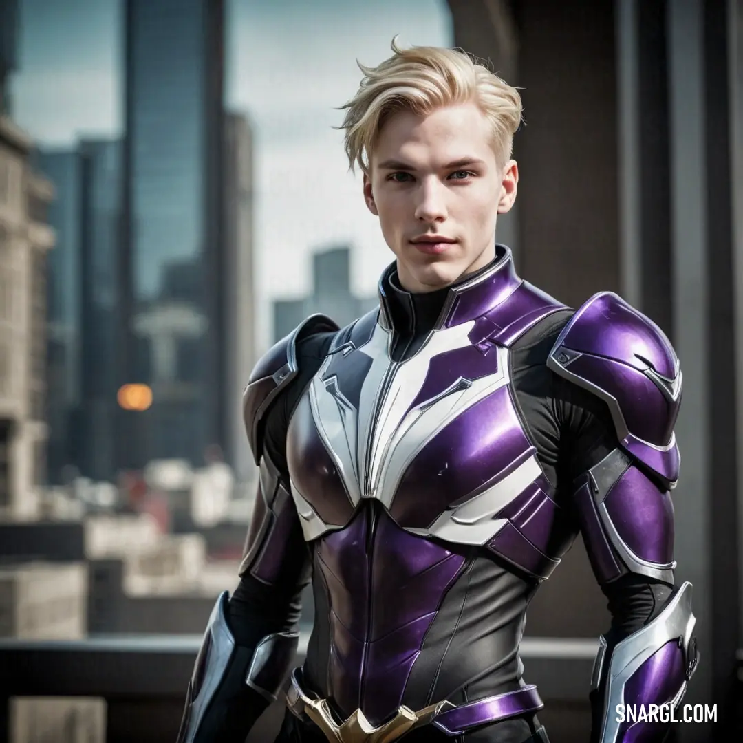 A man in a futuristic suit stands against the backdrop of a sprawling cityscape, with skyscrapers stretching into the night. The cool city lights reflect off his outfit, adding a layer of intrigue and modern sophistication to the vibrant urban scene.