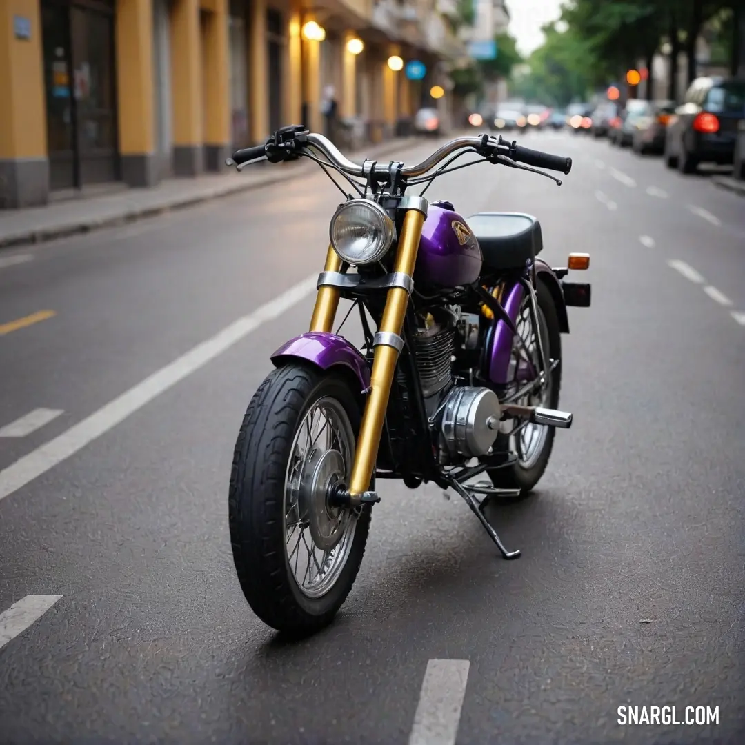 Purple motorcycle parked on the side of a street next to a building with a yellow light on it. Color CMYK 65,72,8,8.
