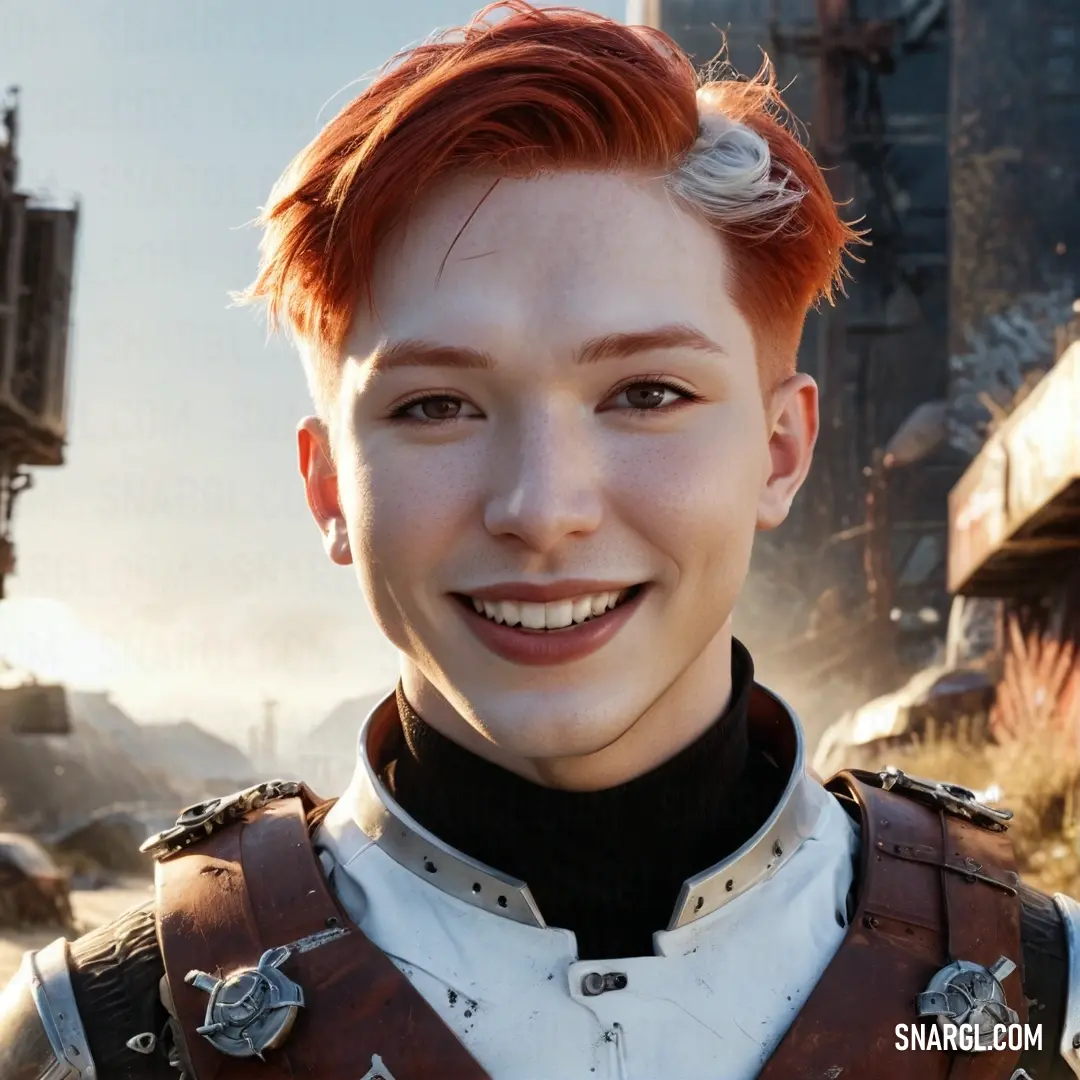 A woman with vibrant red hair, wearing a crisp white shirt, smiles warmly at the camera. Behind her, a bustling city skyline adds a dynamic contrast to her calm, joyful expression.