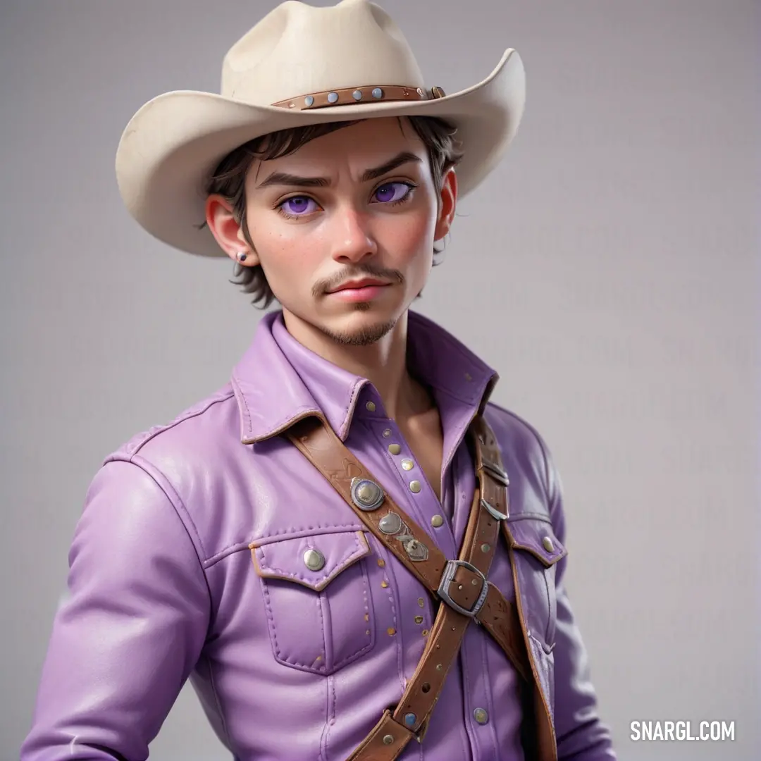 Man in a purple shirt and cowboy hat with a purple shirt and brown belt around his waist. Color RGB 181,165,197.