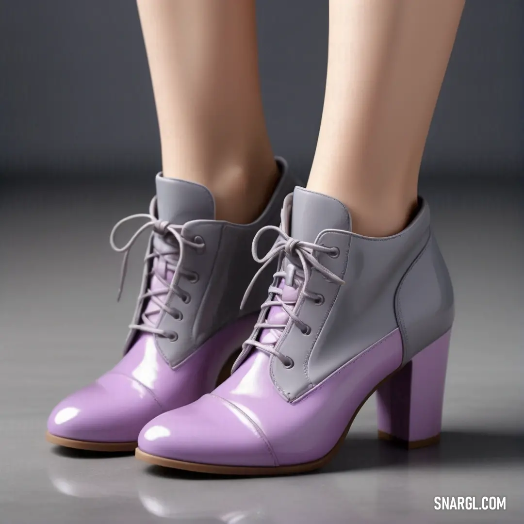 RAL 310 60 20 color example: Pair of purple and grey shoes with a woman's legs in the background