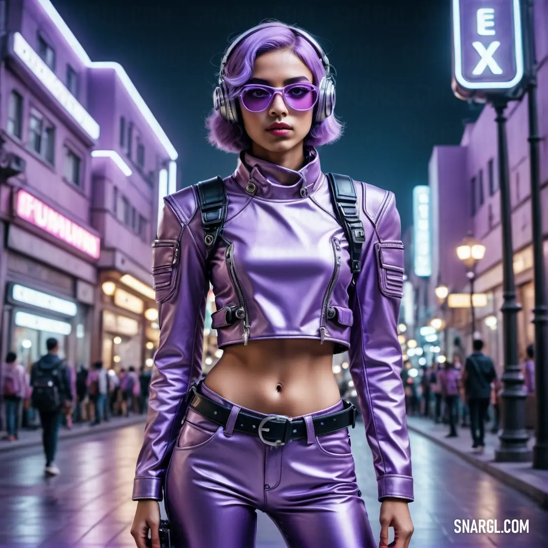 RAL 310 60 20 color. Woman in a purple outfit and headphones on a city street at night with people walking by and a neon sign