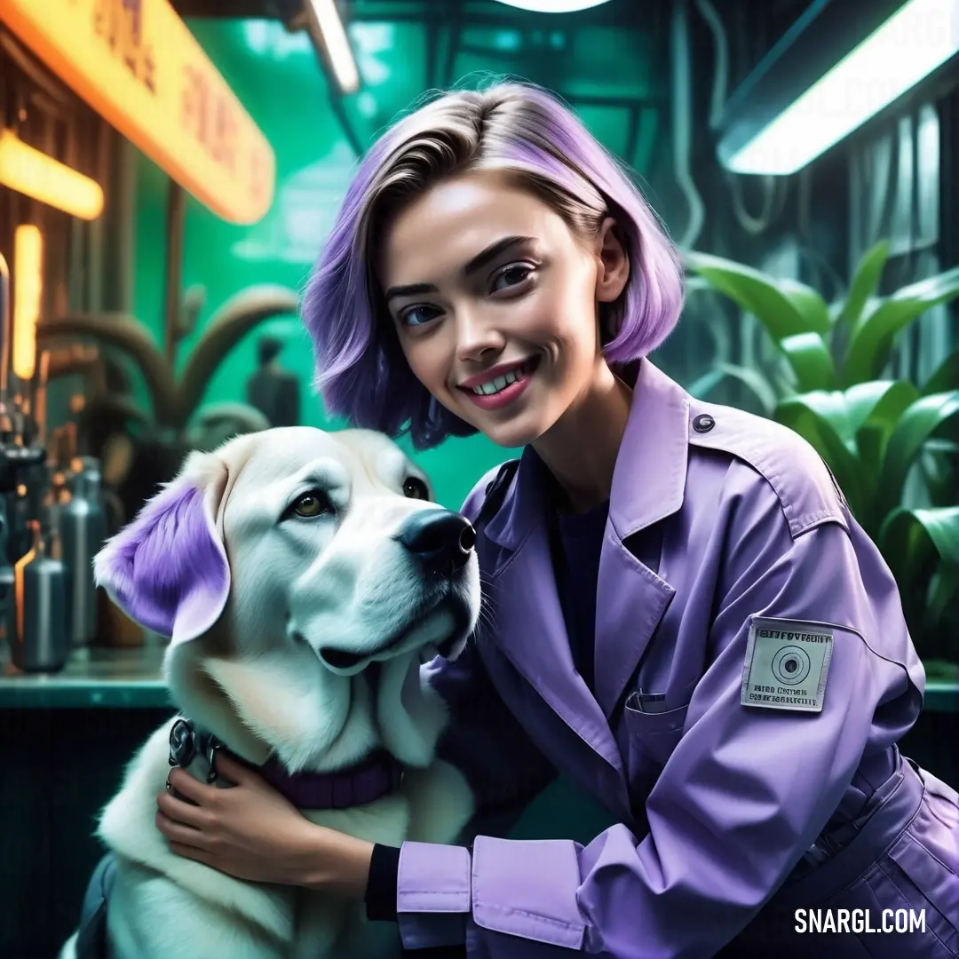 Woman in a purple uniform hugging a white dog in a green room with plants and a neon light. Example of CMYK 39,49,10,4 color.