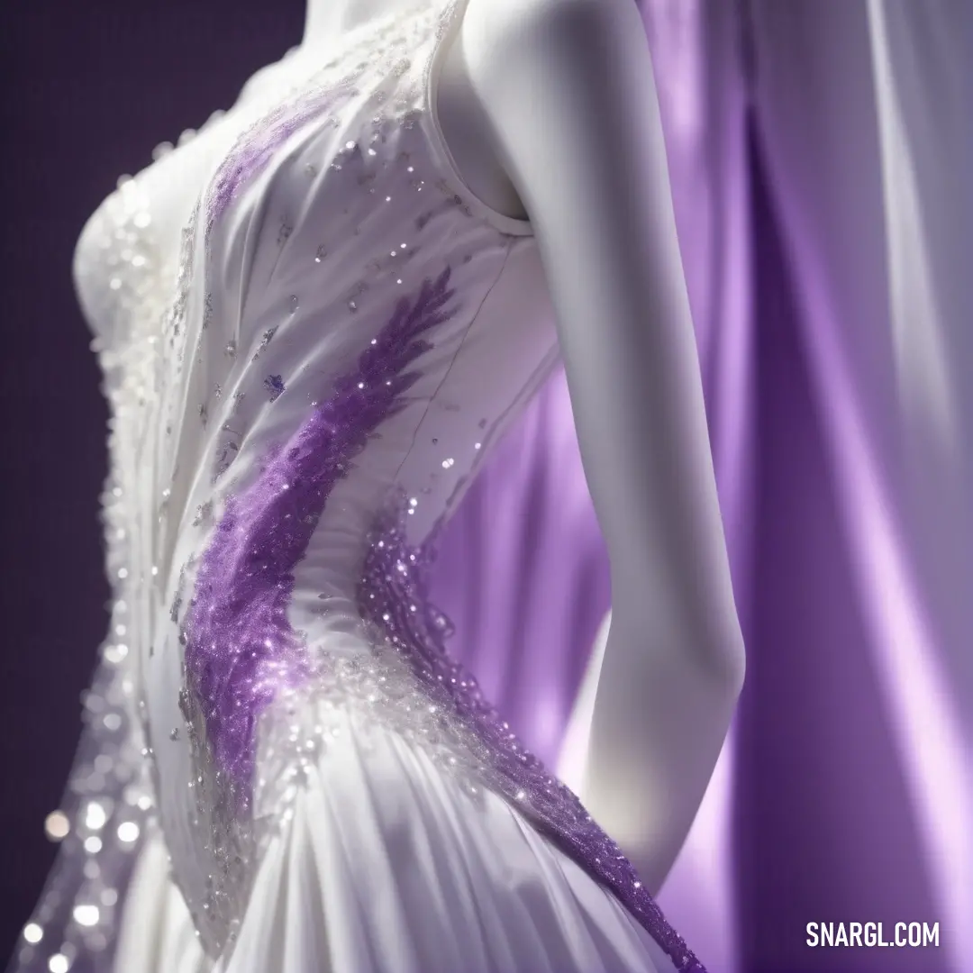 Dress with a purple sash and a purple background. Example of RGB 175,125,194 color.