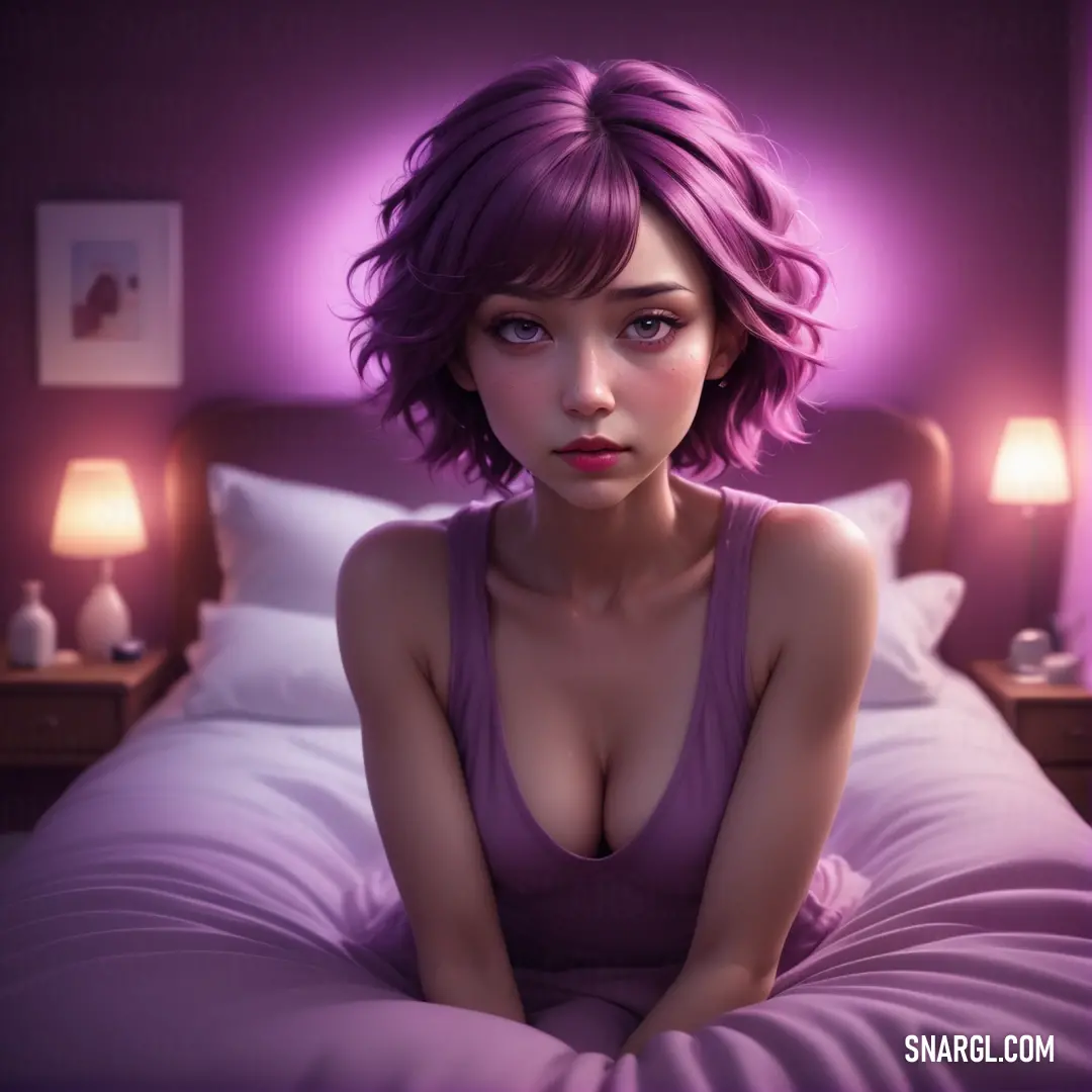 Woman with purple hair on a bed in a purple room with a purple light behind her. Example of #AF7DC2 color.