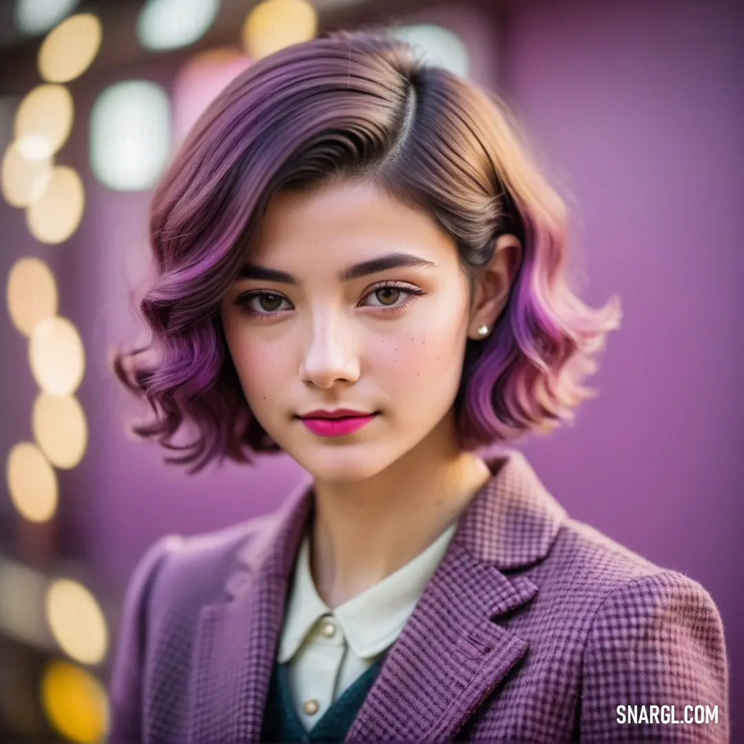 Woman with a purple hair and a suit jacket on. Example of CMYK 39,58,0,0 color.