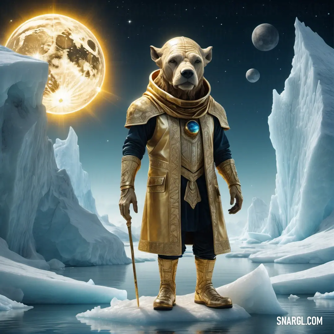 Bear dressed in a golden outfit standing in front of a moon and icebergs with a stick. Example of RAL 320-3 color.
