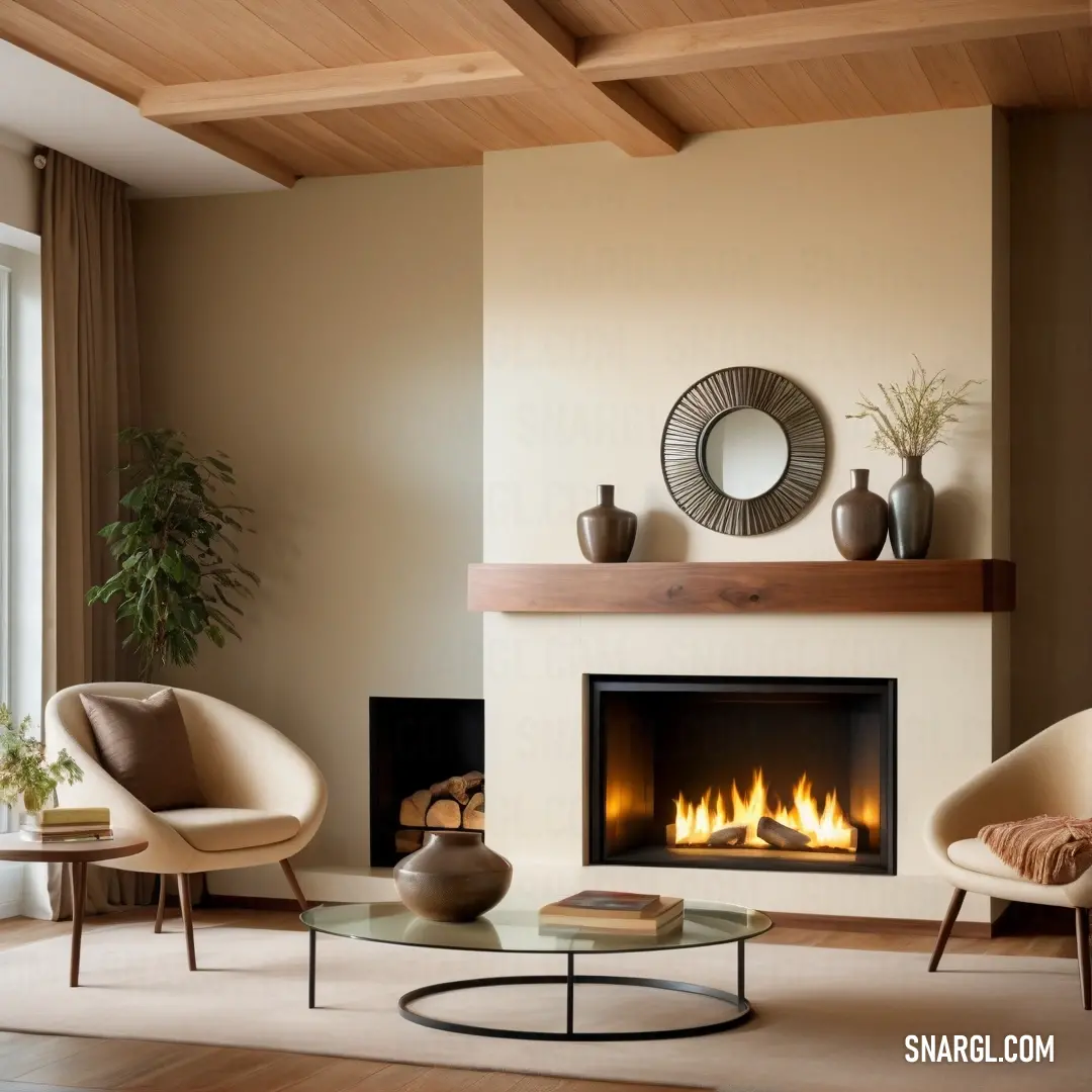 RAL 320-3 color example: Living room with a fire place and a mirror on the wall above it and a chair and a table