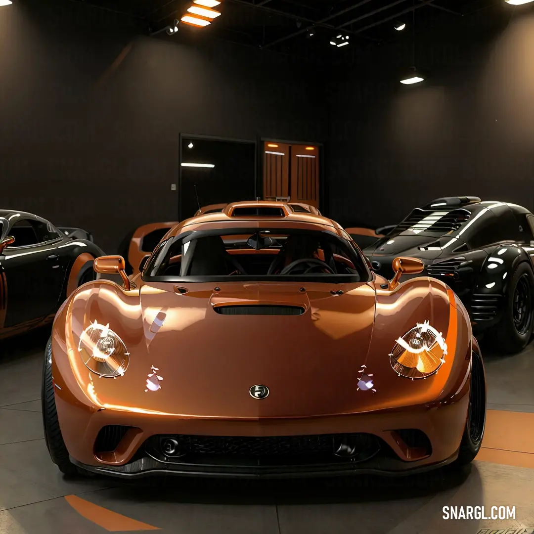 Group of sports cars parked in a garage with lights on them and a door open to the side. Example of RAL 320-5 color.