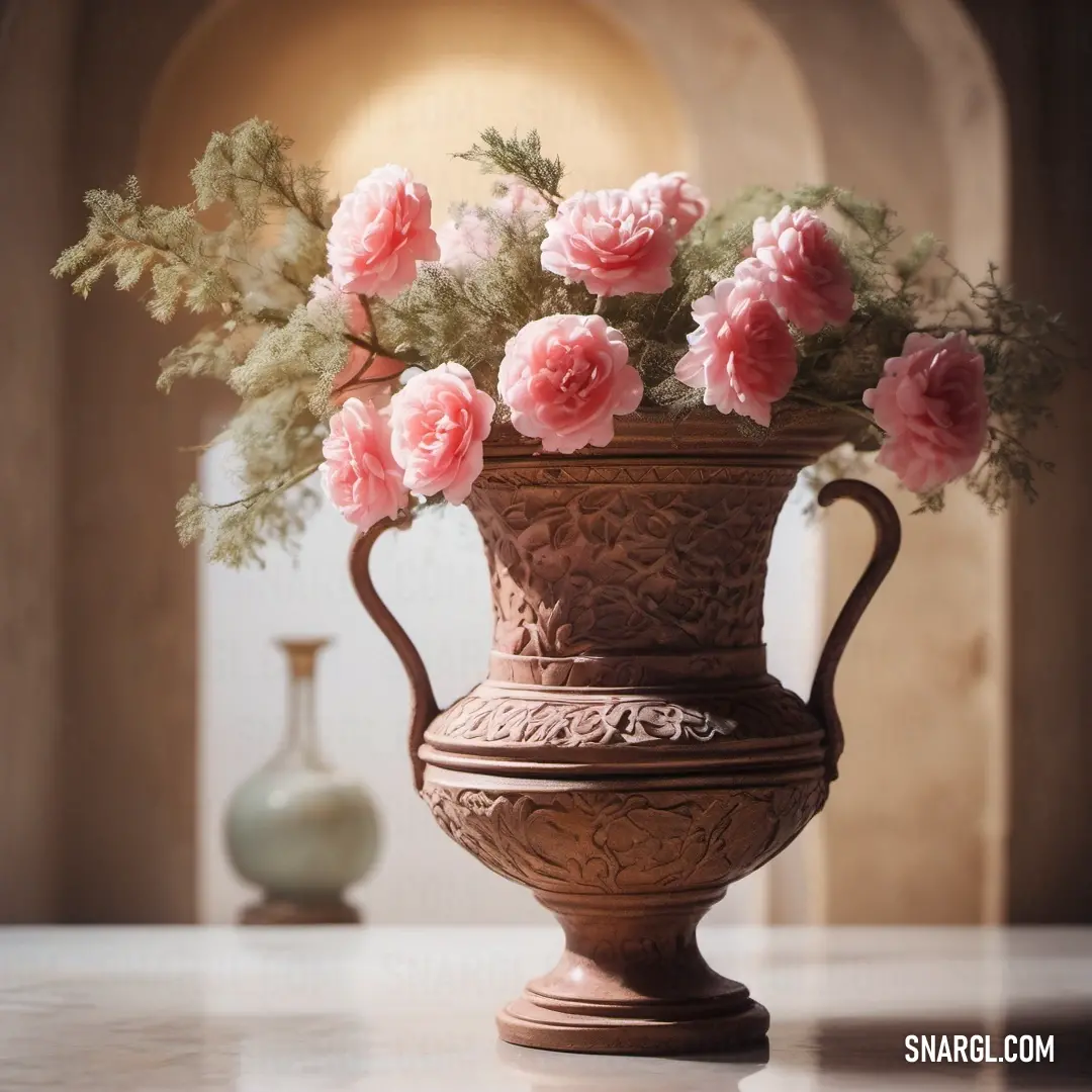 Vase with pink flowers in it on a table next to a vase with greenery and a vase. Color RGB 129,88,59.