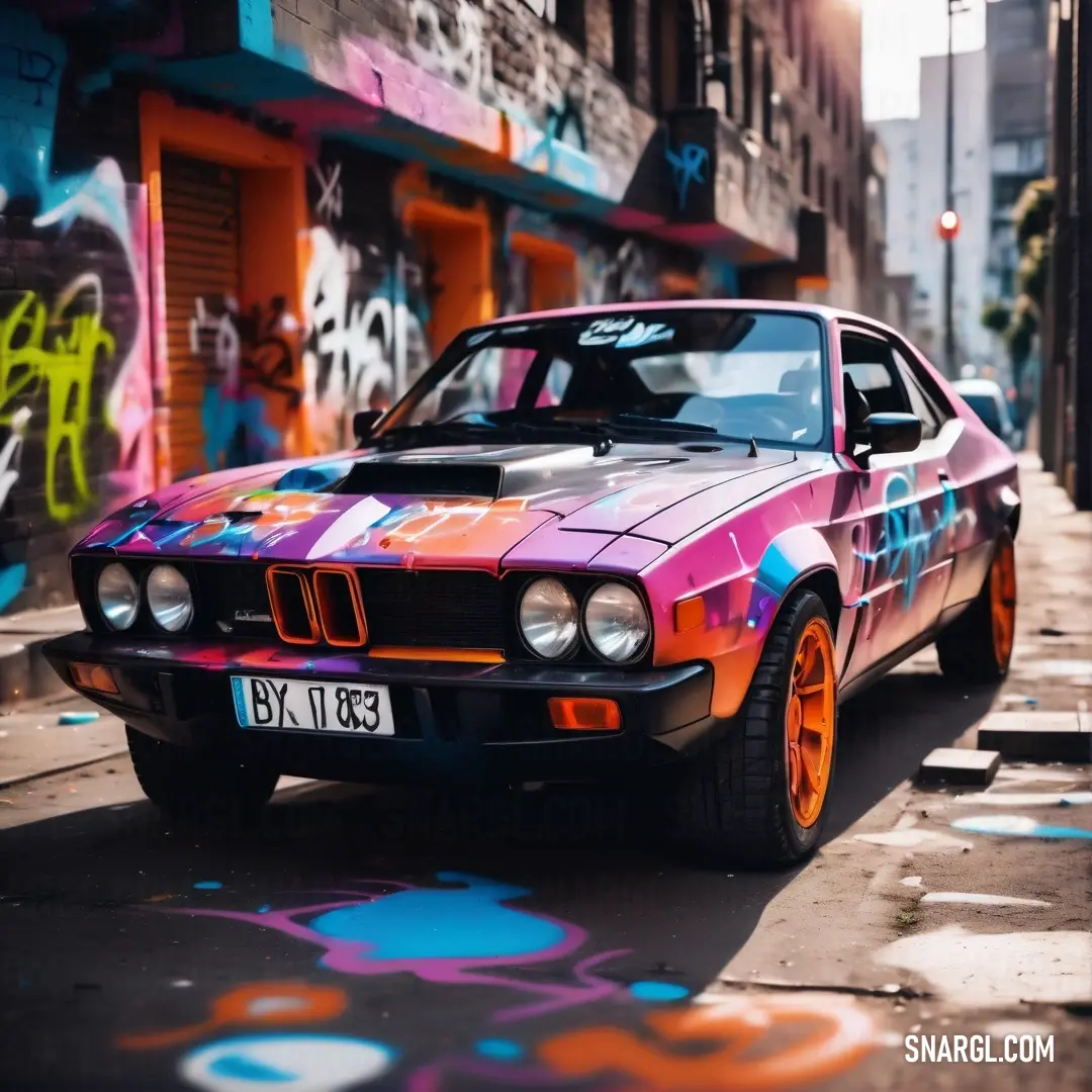 Colorful car parked on the side of a street next to a building with graffiti on it's walls. Example of RAL 340 50 45 color.