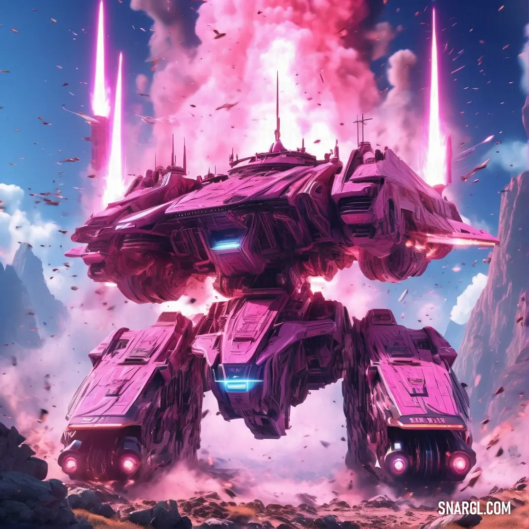 Futuristic vehicle with a massive pink engine is in the air with a lot of smoke coming out of it. Color CMYK 27,78,3,2.
