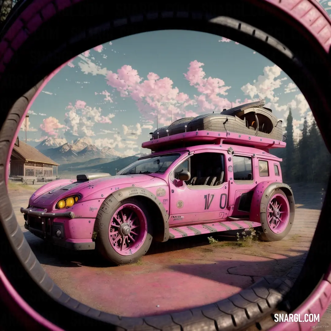 Pink car with a surfboard on top of it's roof is seen through a circular lens. Example of RGB 186,79,146 color.