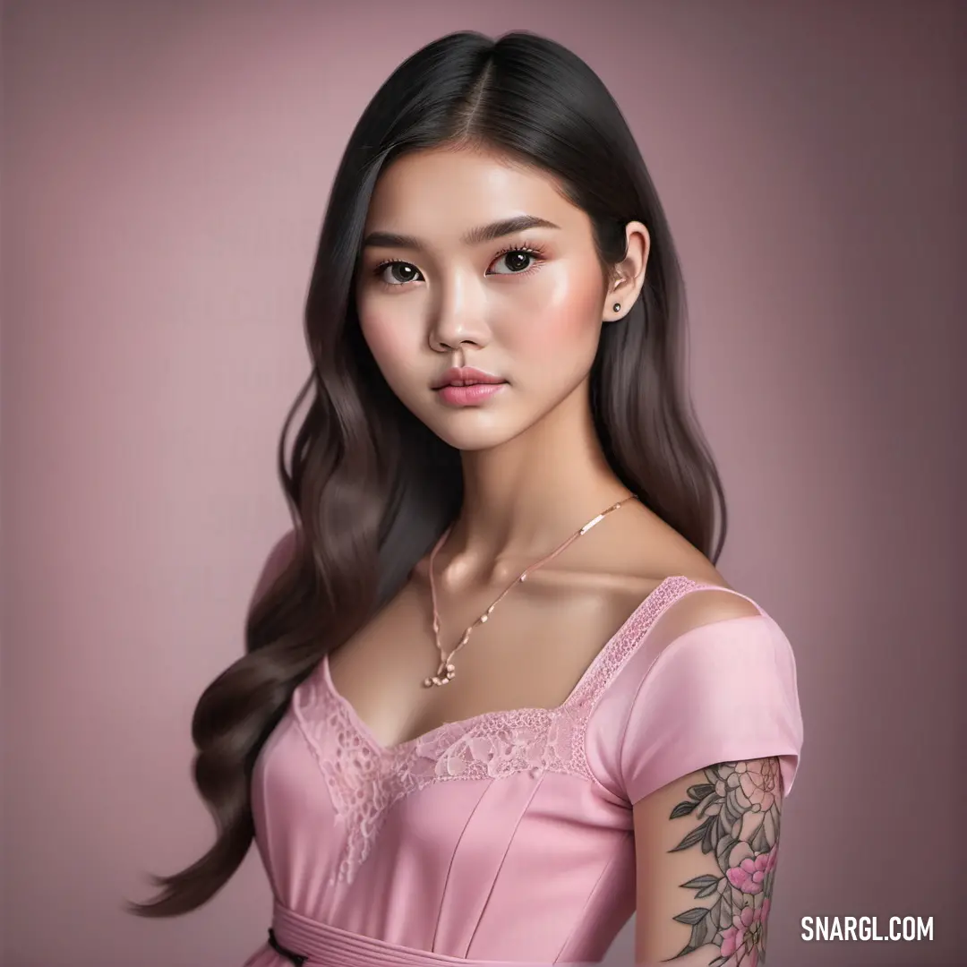 Woman with long hair wearing a pink dress and a necklace with flowers on it. Color RAL 340 80 15.