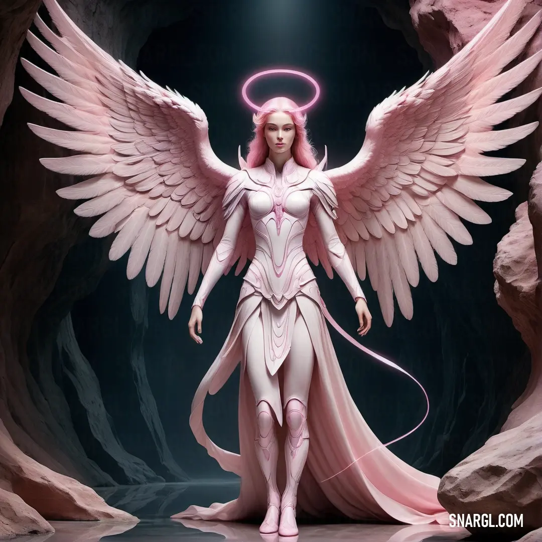 Woman with pink hair and angel wings standing in a cave with a halo around her head. Example of RGB 228,189,209 color.