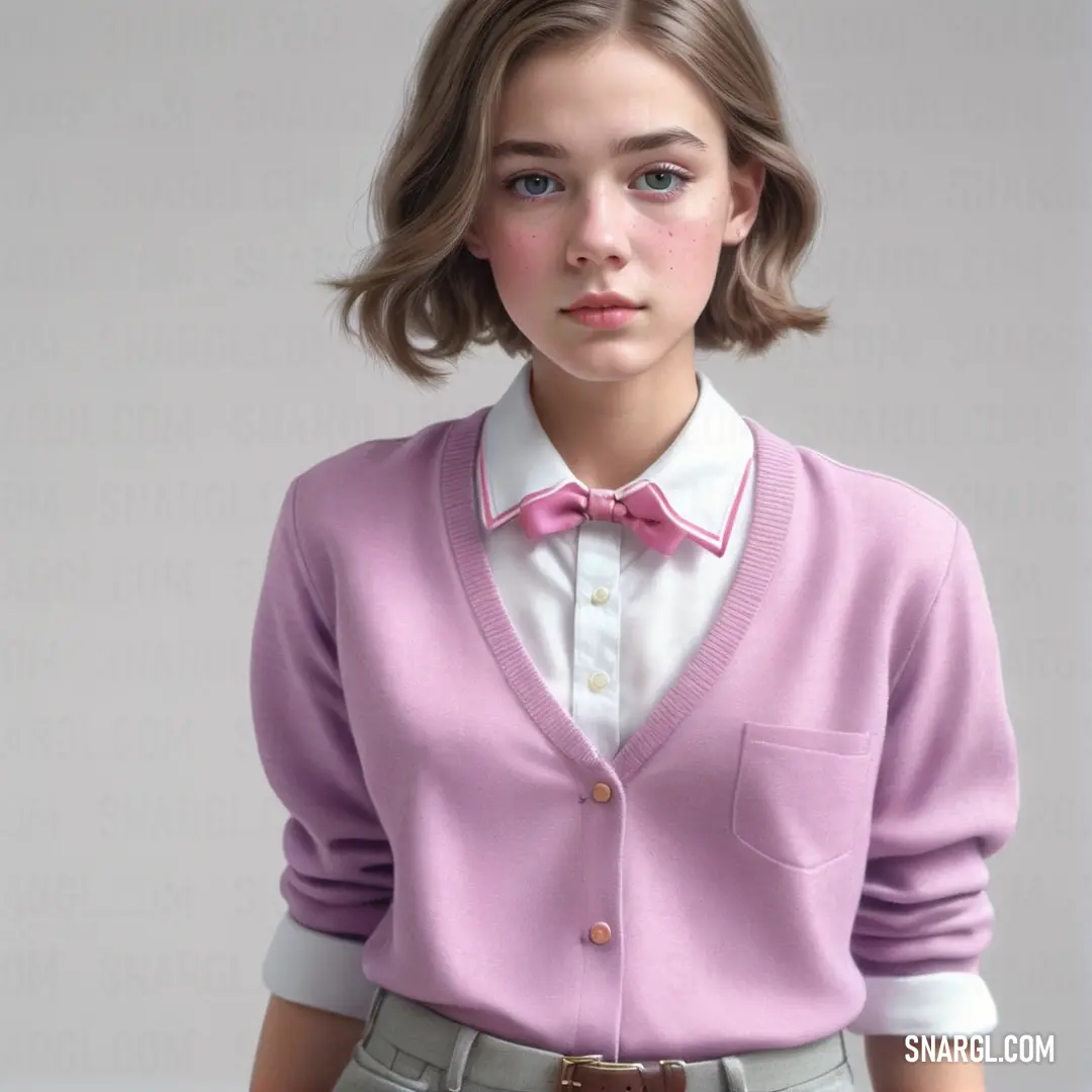 Young girl in a pink sweater and bow tie is posing for a picture with her hands in her pockets. Color CMYK 9,32,6,0.
