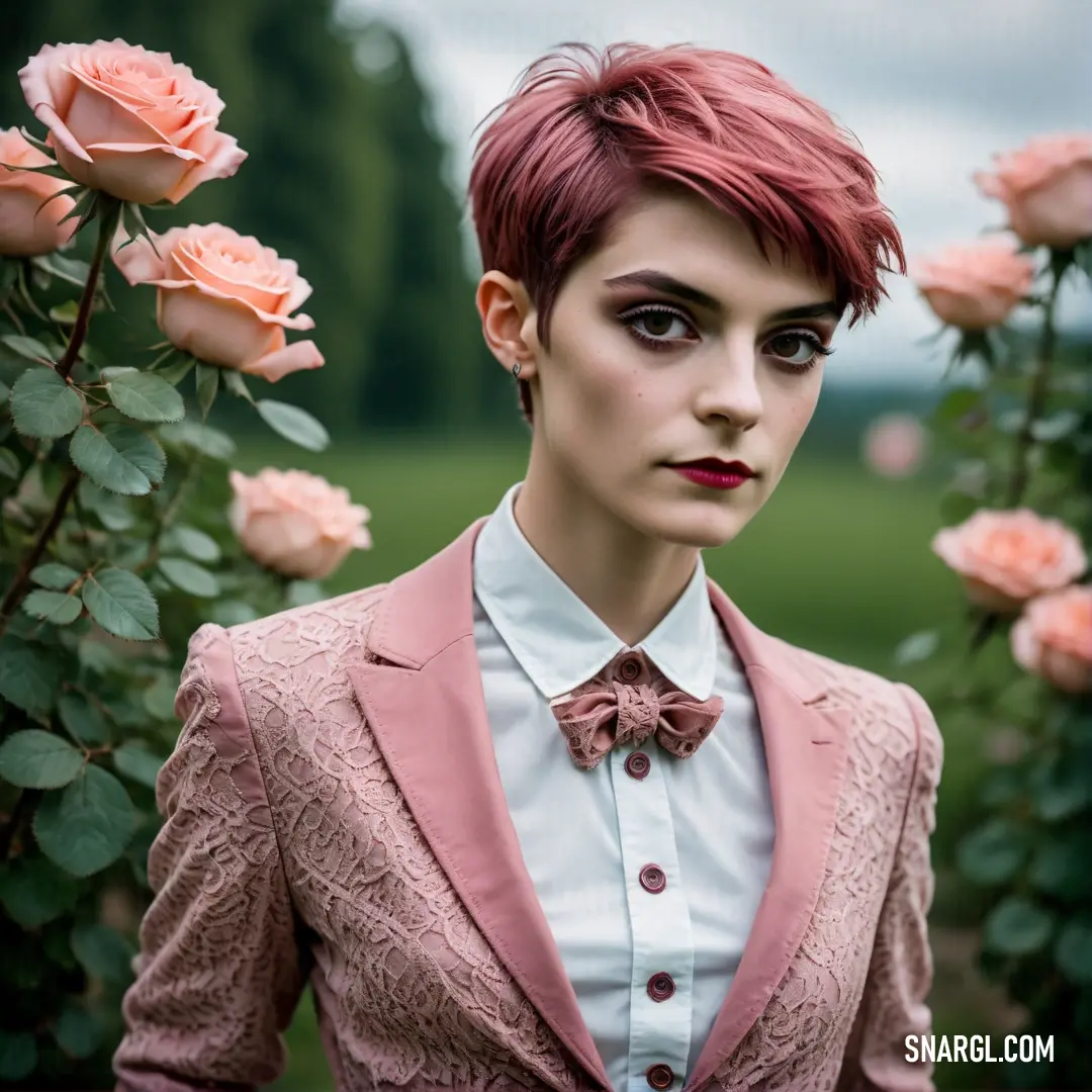 Woman with red hair and a pink jacket and bow tie standing in front of roses with her eyes closed. Color CMYK 9,32,6,0.