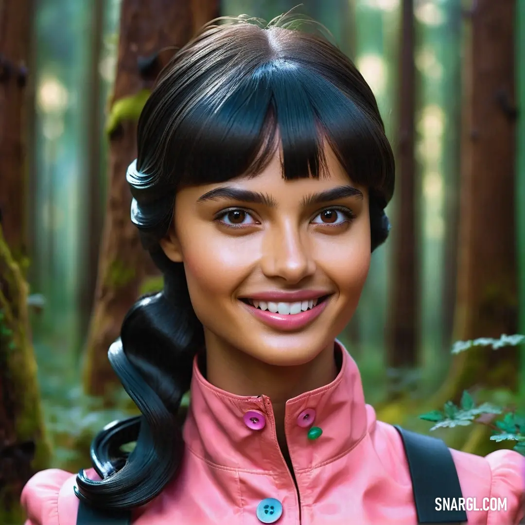Woman with a pink jacket and a pink shirt in a forest with trees and ferns. Example of #ED91B9 color.