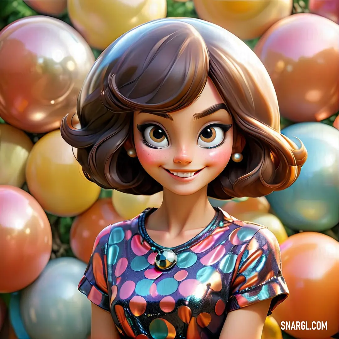 Cartoon girl with a bunch of balloons in the background. Example of RGB 238,185,207 color.