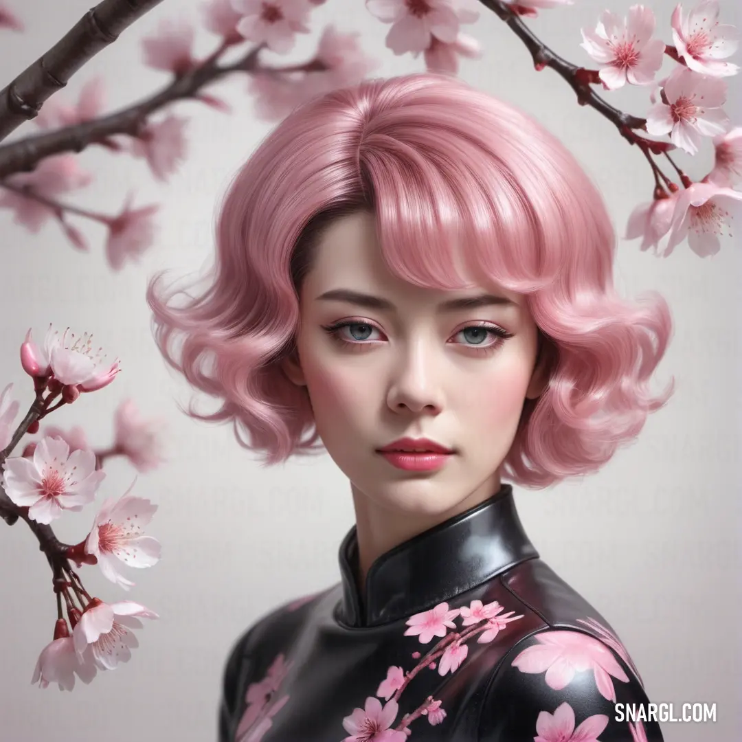 Woman with pink hair and a black dress with pink flowers on it and a branch of a cherry blossom. Example of #EEB9CF color.