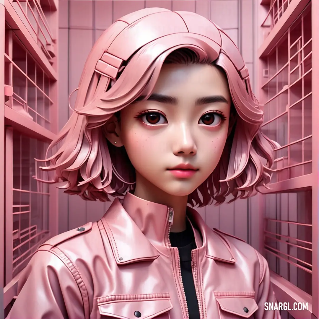 RAL 350 80 20 color example: Woman with pink hair and a pink jacket in a pink room with shelves