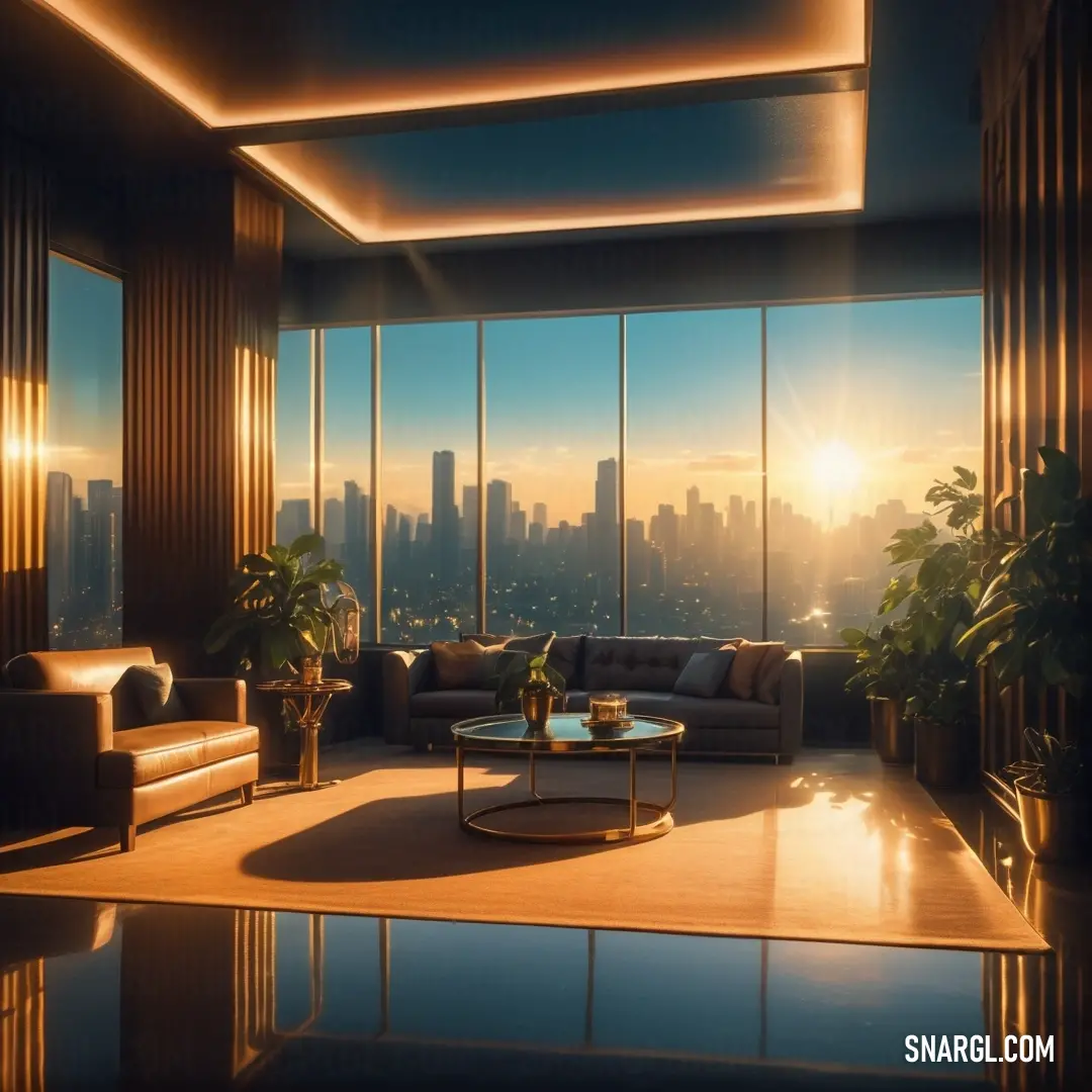 Living room with a large window and a view of the city outside the window at sunset or dawn. Example of CMYK 0,67,100,0 color.
