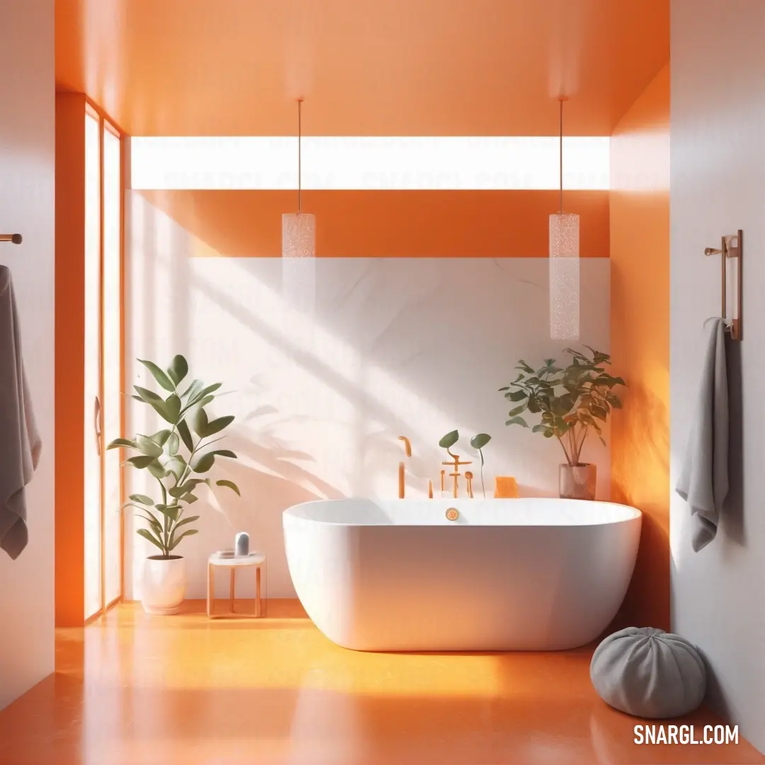 Bathroom with a large white bath tub next to a plant and a toilet paper roll on the floor. Example of RAL 360-2 color.