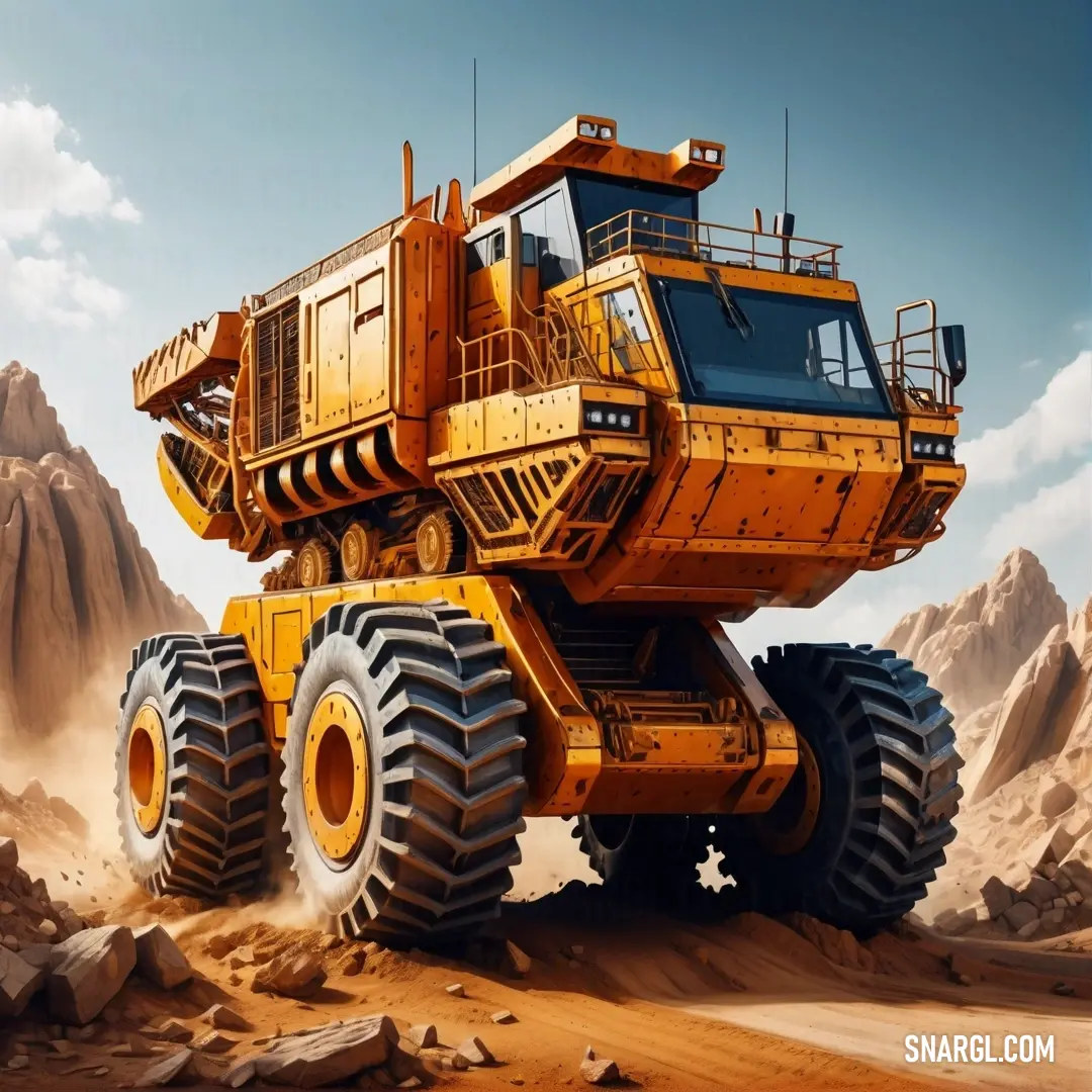 Large yellow truck driving through a desert landscape with rocks and boulders in the background. Example of CMYK 0,72,100,0 color.