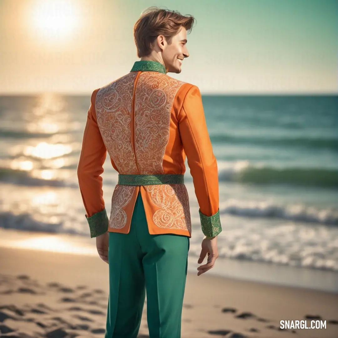 Man in a suit standing on a beach near the ocean with the sun shining behind him. Example of RAL 360-2 color.