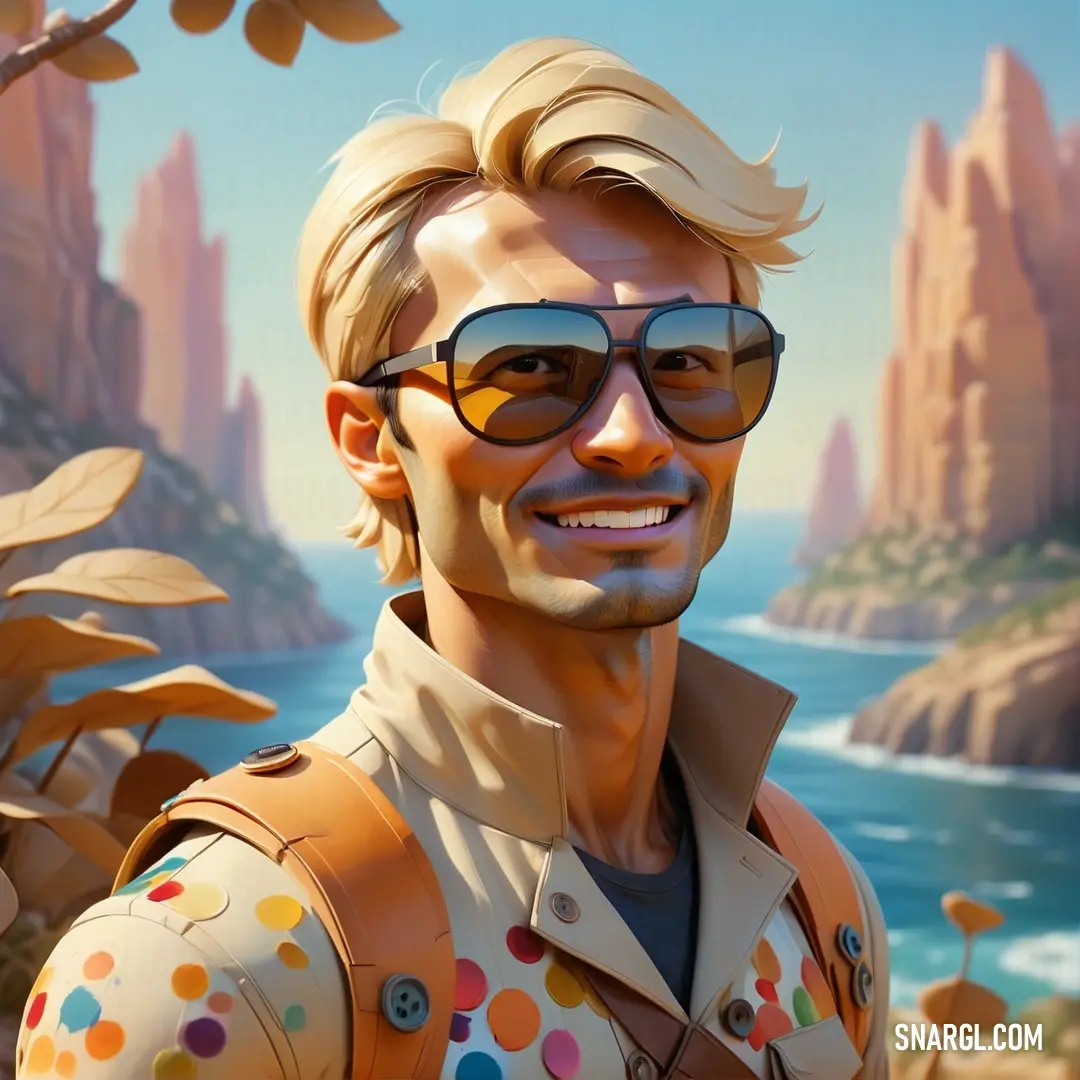 RAL 360-2 color example: Man with sunglasses and a jacket on in front of a painting of a rocky landscape and a body of water