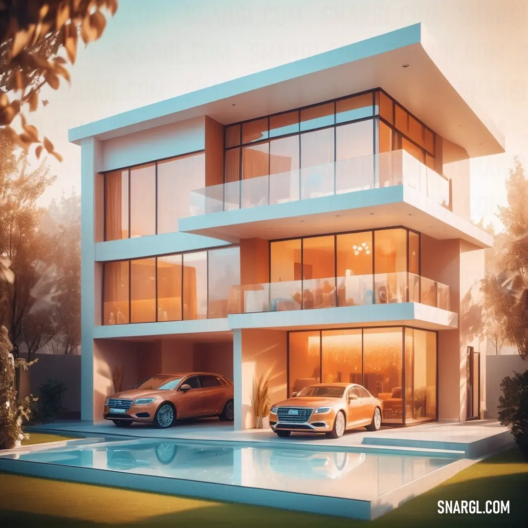 Modern house with two cars parked in front of it. Example of RGB 219,127,47 color.