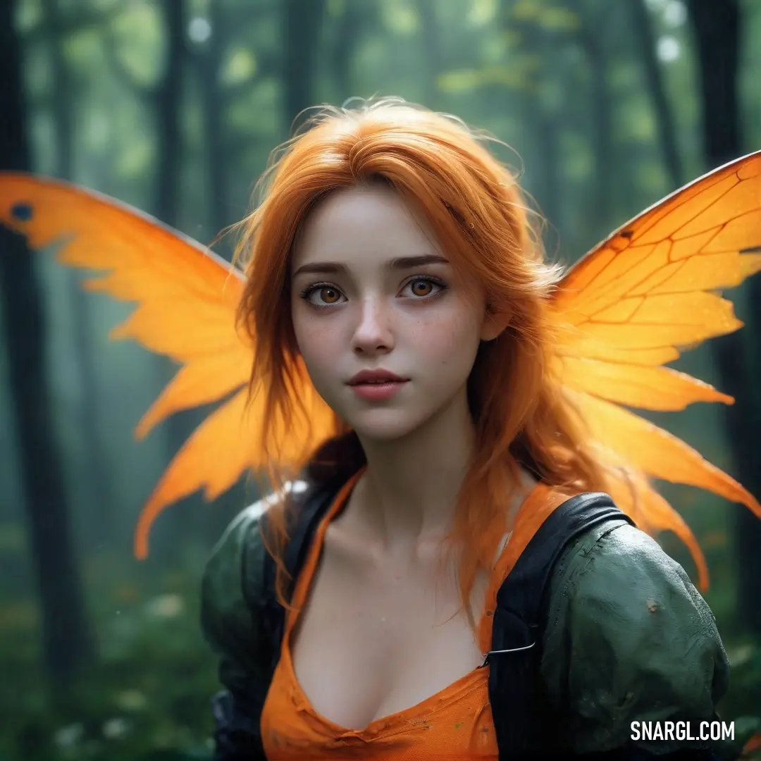 Woman with orange hair and a yellow butterfly wings on her head in a forest with trees and grass. Example of CMYK 0,72,100,0 color.