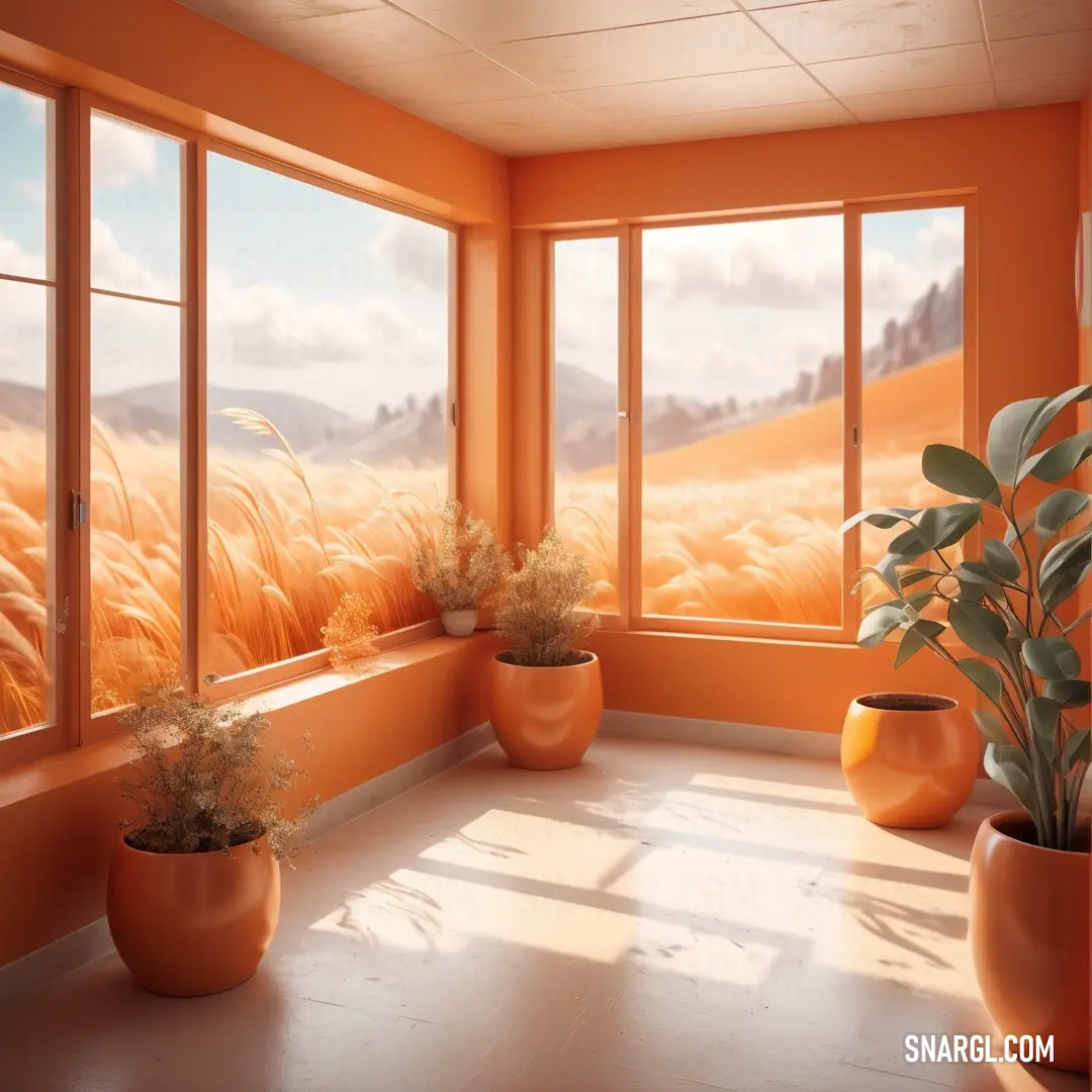 Room with a lot of windows and plants in it and a view of a field outside the window. Color RAL 360-2.