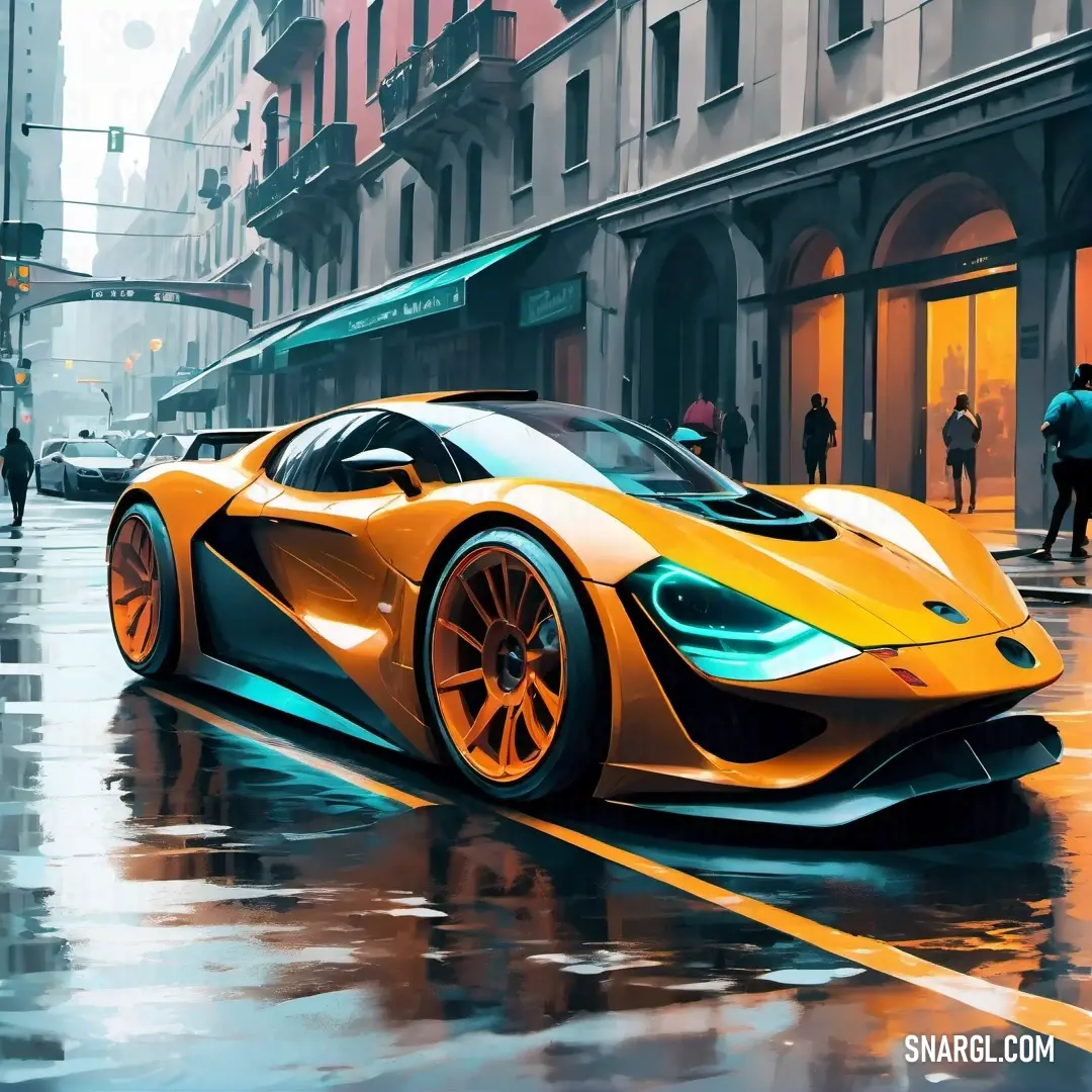 Painting of a yellow sports car on a wet street in the rain. Color RGB 254,169,66.
