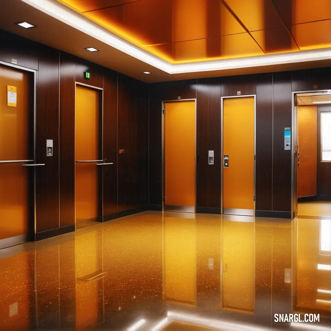 Shiny metallic floor with a bunch of doors and a window in the middle of it with a bright light. Color #E68E2B.