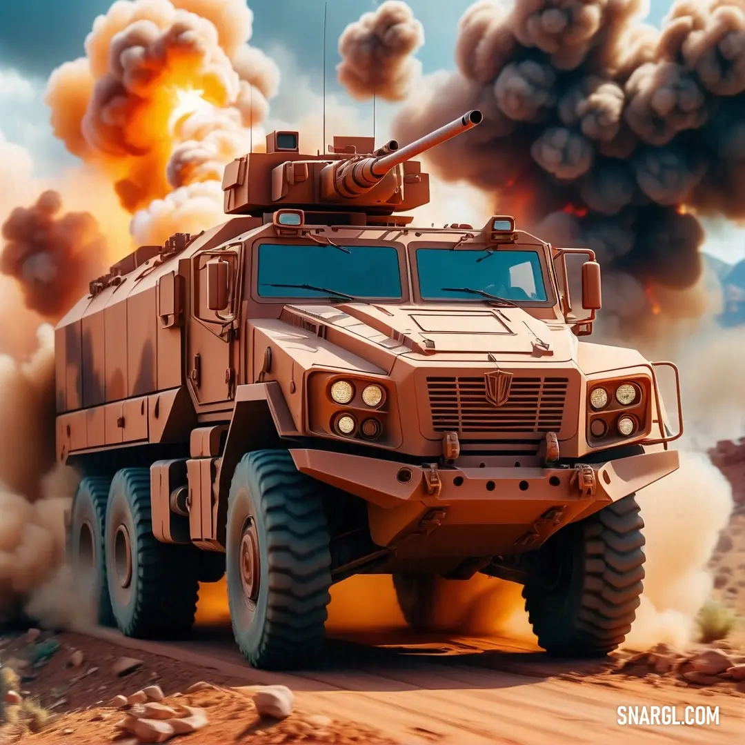 Large military vehicle driving through a desert filled with smoke and flames in the background. Example of RGB 228,94,40 color.