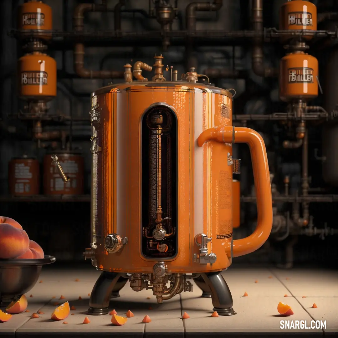 Large orange machine in front of a bunch of pipes and oranges on the ground next to it. Color RAL 390-3.