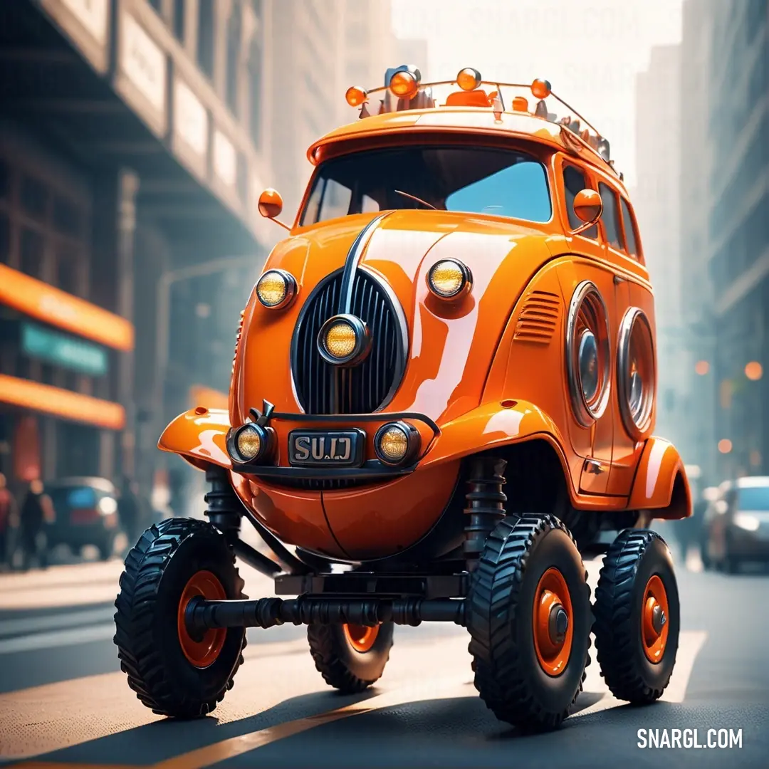 RAL 390-3 color. Very cute orange truck with big wheels on the street in a city setting with cars and people in the background