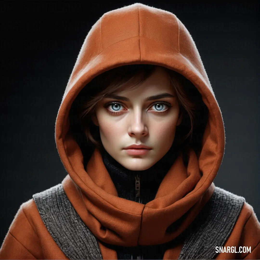 RAL 390-3 color. Woman with blue eyes wearing a brown hoodie and a black sweater with a hood on her head
