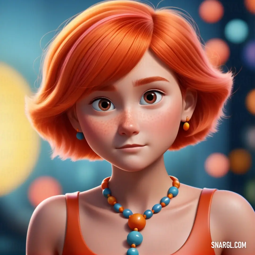 Digital painting of a woman with red hair and a necklace on her neck and a blue background. Example of RAL 390-4 color.