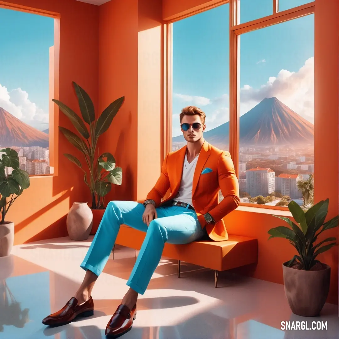 Man on a bench in a room with a view of a mountain range and a city outside of the window. Example of RAL 390-4 color.