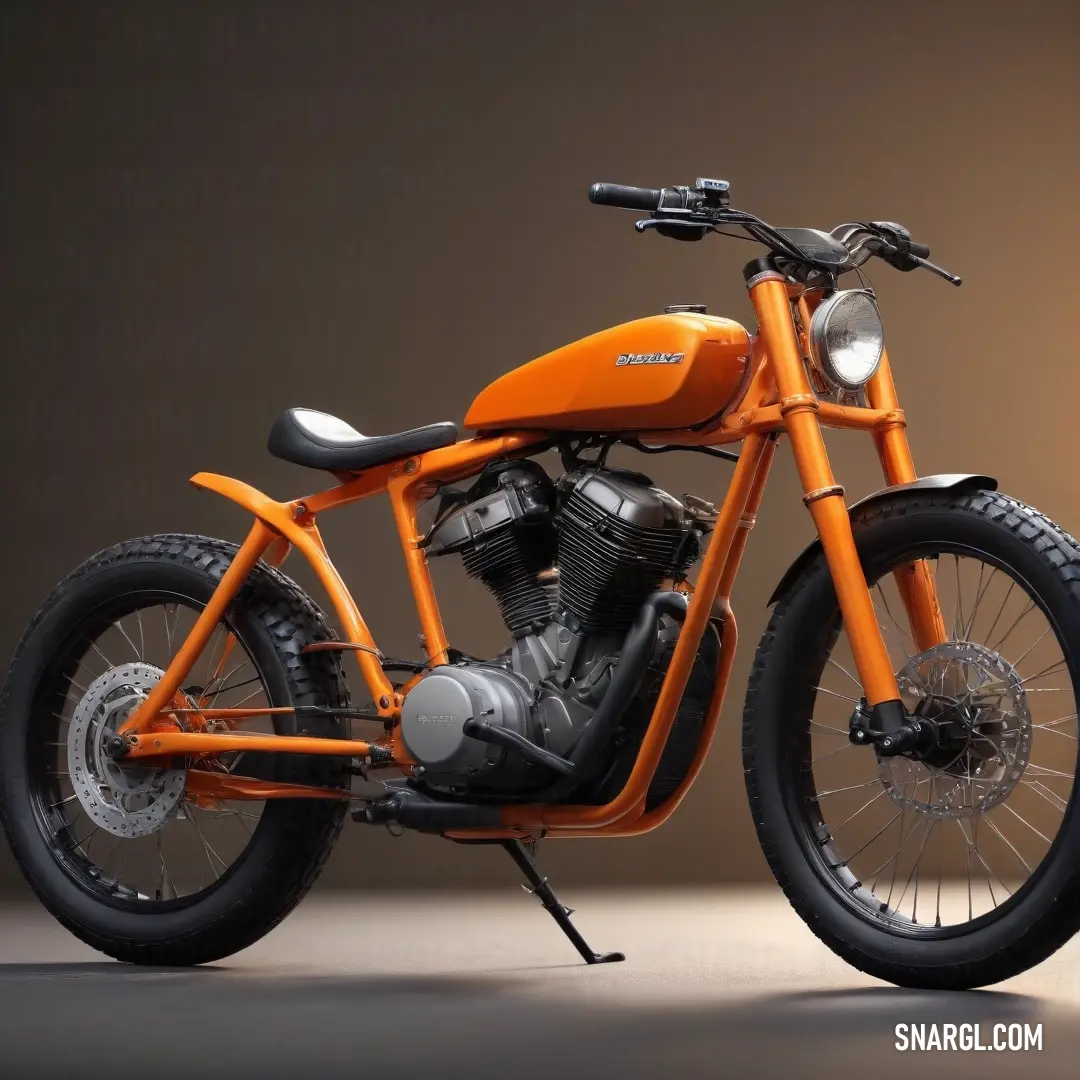 Motorcycle is shown in an orange color scheme with a black seat and a black handlebars. Example of RAL 390-4 color.
