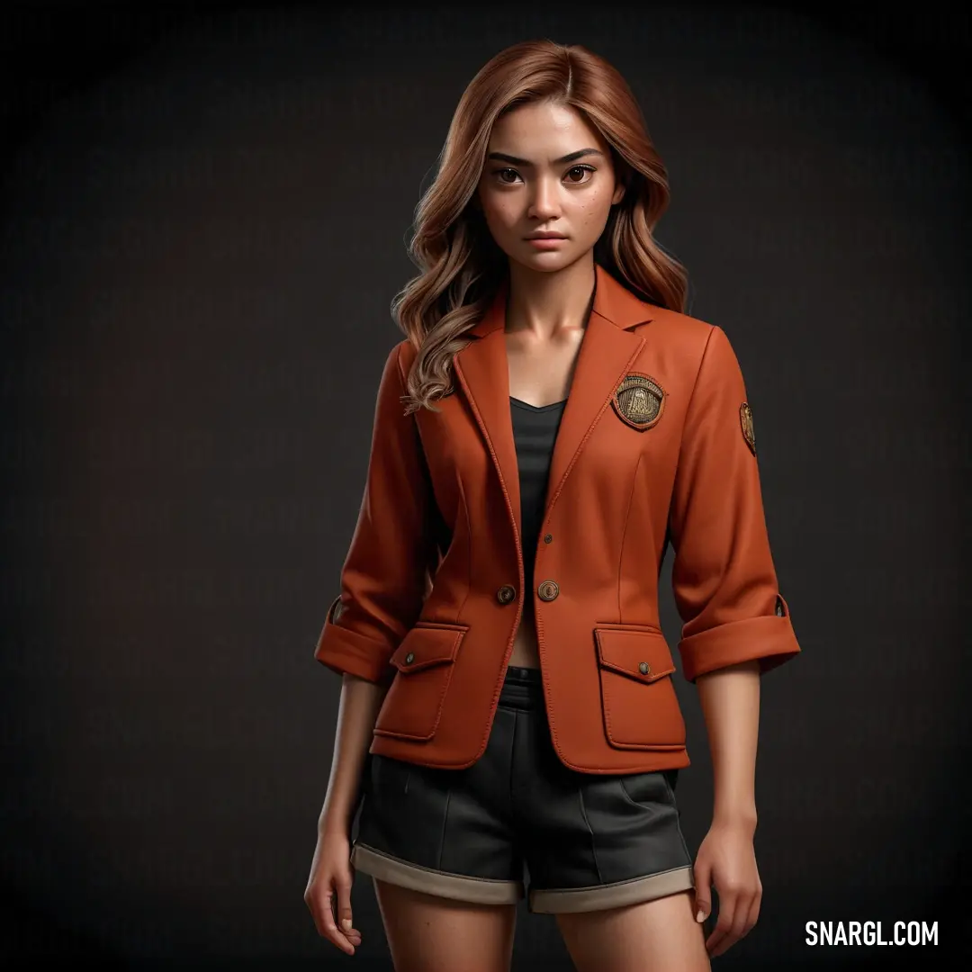 Woman in a short shorts and a jacket is standing in a dark room with a black background. Color RGB 222,88,44.