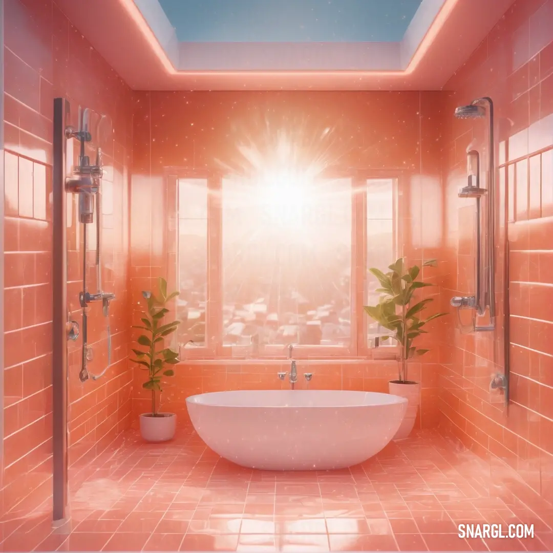 Bathroom with a tub and a plant in it and a skylight above it. Color CMYK 0,84,80,0.