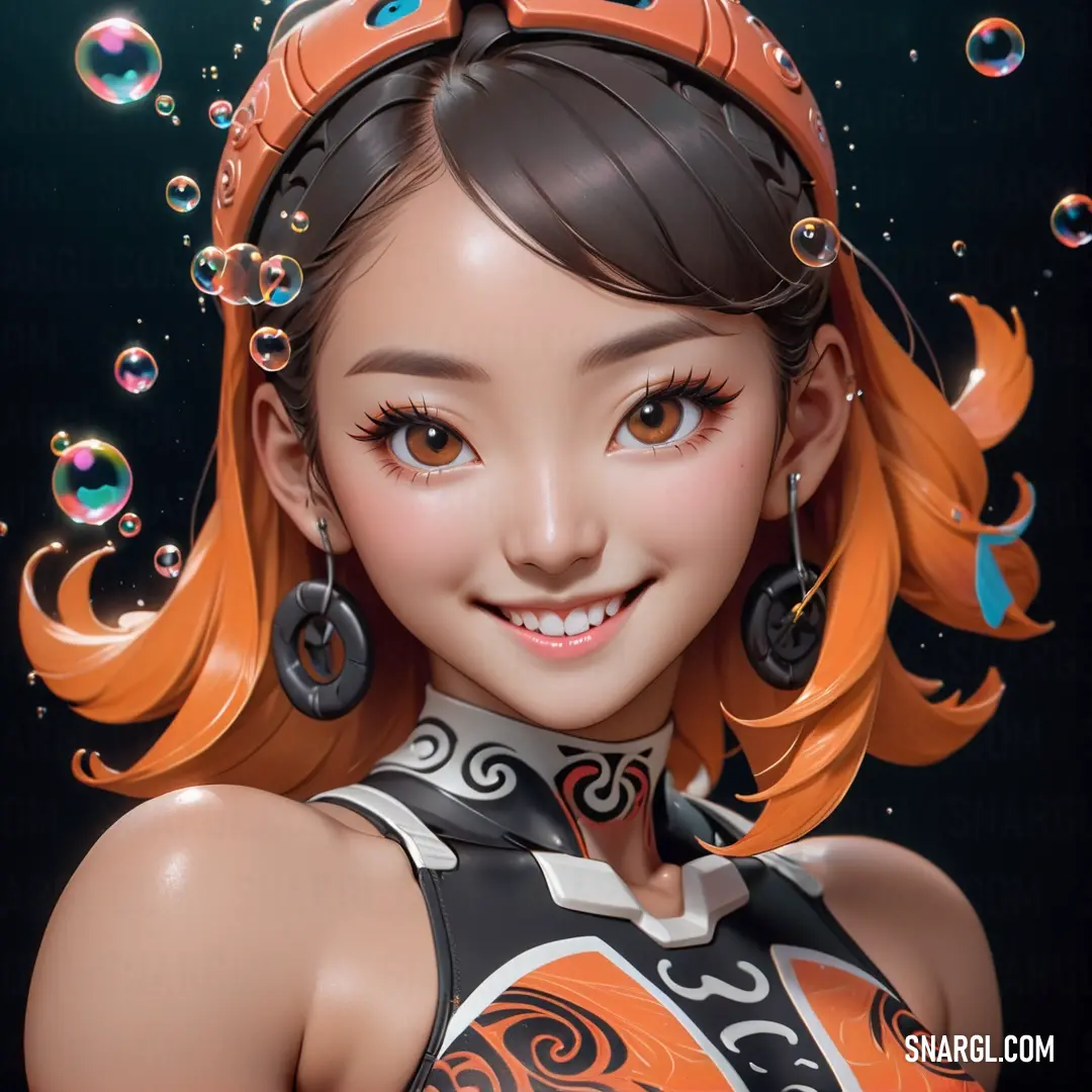 Digital painting of a girl with orange hair and earrings. Example of RGB 232,108,77 color.