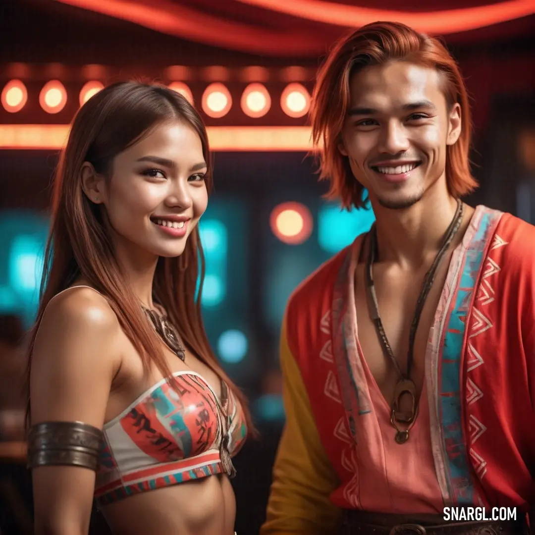 RAL 420-4 color. Man and a woman are standing together in a bar smiling at the camera, with a neon background